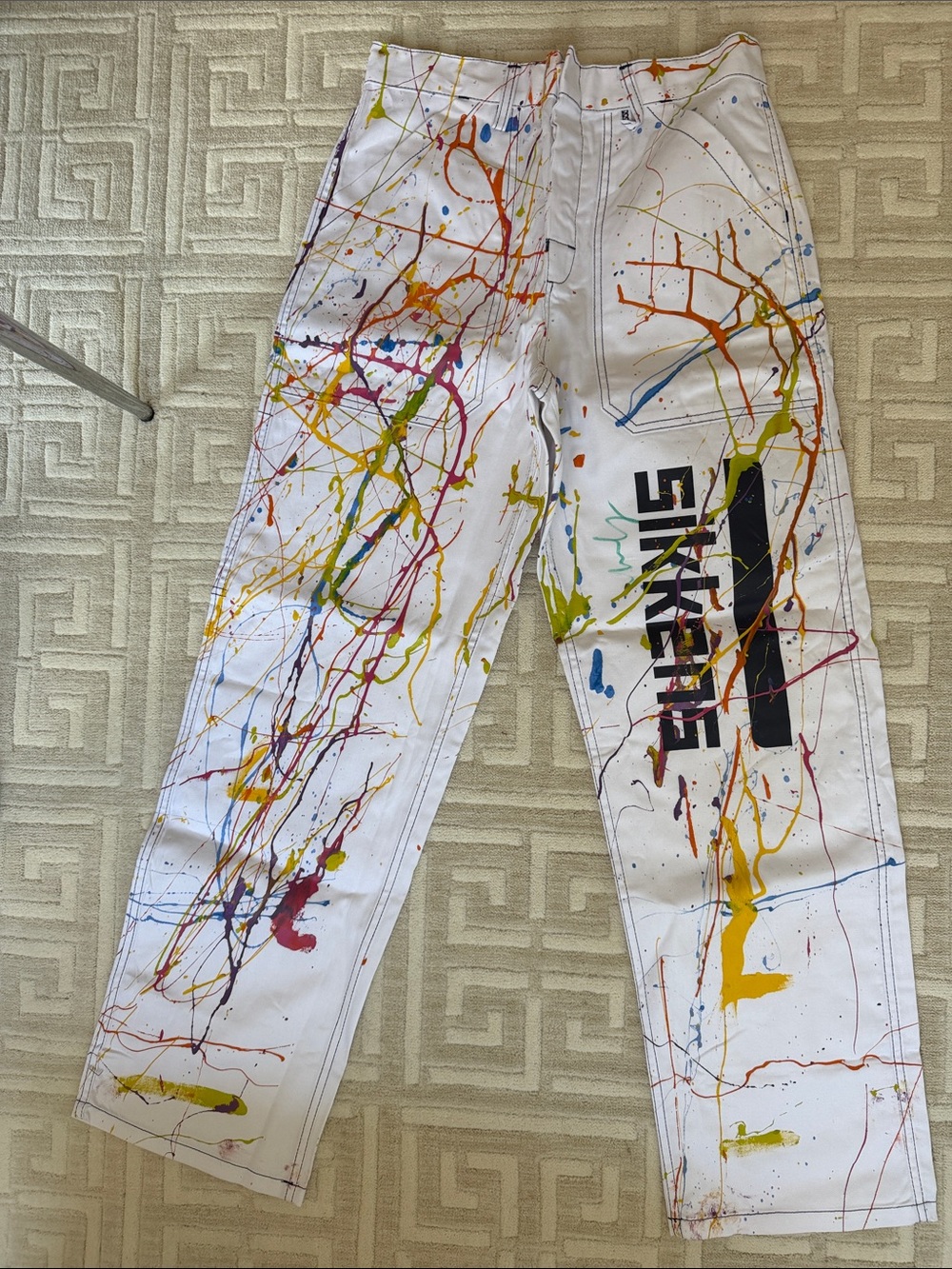 Hand painted White Paint-Splatter Pants with Black Graphic